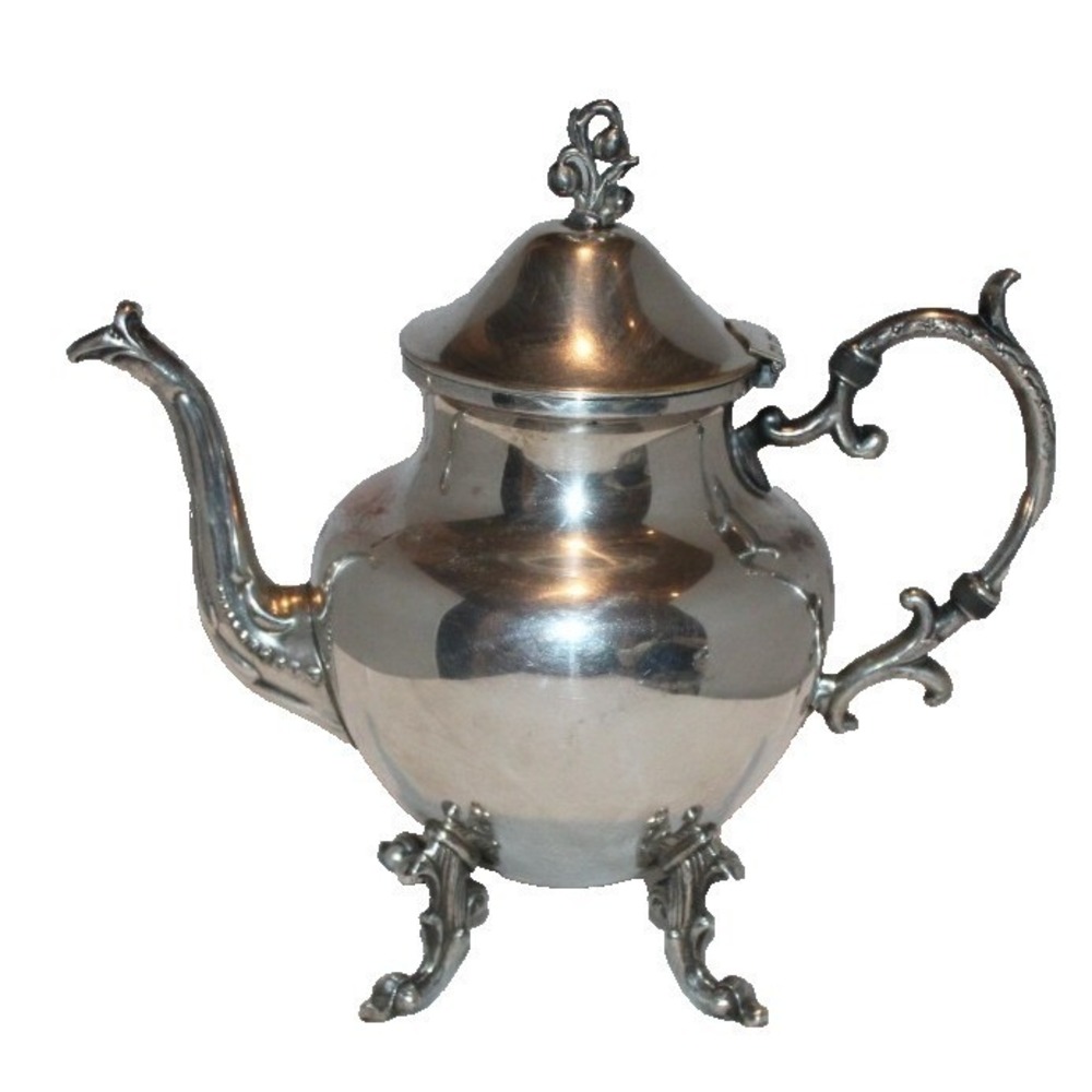 VTG Birmingham Silver Co silver on copper silverplated ornate teapot 4 legs